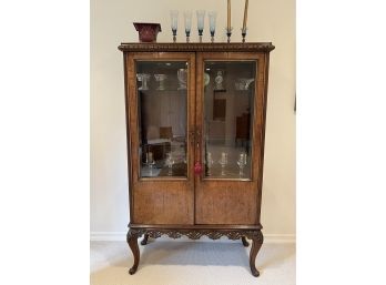 (F-4) BEAUTIFUL ANTIQUE BURL WOOD DISPLAY CABINET - CARVED SCROLL DECORATION -68' HIGH BY 38' WIDE BY 16' DEEP