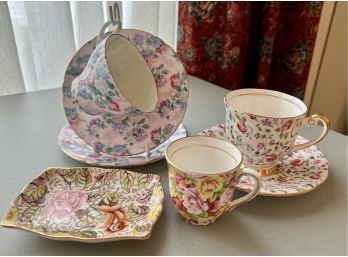 (DR-28) VINTAGE LOT OF ENGLISH CHINTZ - CUPS, SAUCERS & TIDBIT PLATE