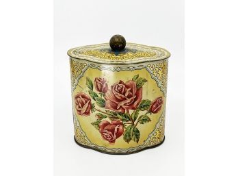 (K-43) PRETTY ANTIQUE POWDER / VANITY TIN WITH COVER - YELLOW WITH ROSES - W. GERMANY -5.5'