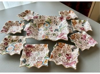 (DR-27) VINTAGE ENGLISH CHINTZ SET OF PLATES - NUT BOWLS? ASHTRAYS? - LARGE ONE IS 7', 8 SMALL ARE 3'