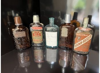 (B-29) LOT OF FIVE ANTIQUE WHISKEY BOTTLES - 'OLD KIRK, BROWN KAISER, FOUR ROSES'- NICE OLD LABLES - 4'-6'