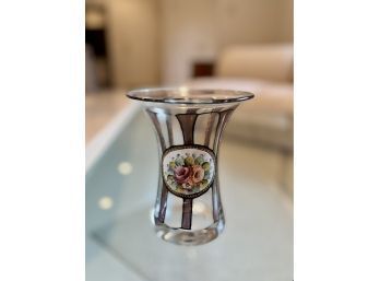(F-10) SMALL ANTIQUE GLASS VASE WITH FLORAL MEDALLION & RAISED GOLD ENAMEL DECORATION - 6'