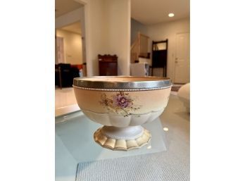 (F-16) ANTIQUE CARLTON WARE, STOKE ON TRENT FOOTED PORCELAIN BOWL WITH SILVER PLATE RIM- 10' BY 7'