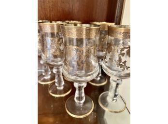(F-14) SET OF SIX ANTIQUE WINE/CORDIAL GLASSES WITH GOLD SCROLL DECORATION - 7'