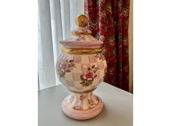 (DR-23) MACKENZIE CHILDS 'HONEYMOON SWEET PEA' PINK & WHITE CHECK W/ROSES 15' CANISTER - LID HAS BEEN REPAIRED