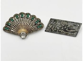 (CJ-13) TWO ANTIQUE SILVER & MARCASITE PINS/BROOCHES - 'ROSE' BROOCH & FAN  WITH GREEN STONES