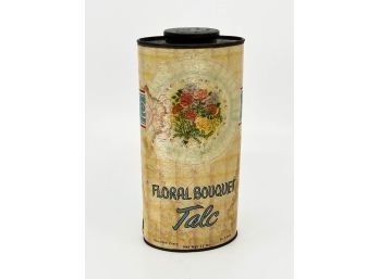 (K-48) ANTIQUE VANITY TIN 'FLORAL BOUQUET TALC' C.1900 - YELLOW LABLE WITH ROSES- 7' TALL