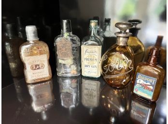 (B-33) LOT OF FIVE ANTIQUE LIQUOR BOTTLES -'CORN, AIRPORT WHISKEY, GOLDEN WEDDING'- NICE OLD LABLES - 4'-6'