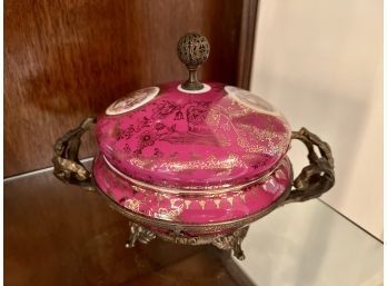 (F-8) ANTIQUE PORCELAIN COVERED VANITY BOX W/ GOLD ORMOLU HANDLES & MOUNTS -VICTORIA CZECHOSLOVAKIA -10' BY 7'