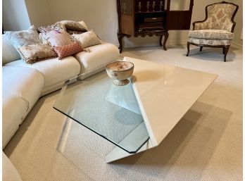 (F-5) FABULOUS VINTAGE COFFEE TABLE - MODERNIST CANTILEVER GLASS & TRAVERTINE APPROX 46' SQ. BY 16' HIGH