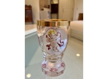 (F-12) ANTIQUE HEAVY GLASS PETITE VASE WITH HAND PAINTED ANGEL & ROSE DECORATION & GOLD ACCENTS - 6'