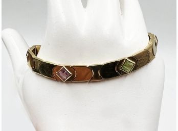 (J-8) 14 KT YELLOW GOLD BRACELET WITH DIFFEREMT COLORED STONES-MADE IN ITALY-DOUBLE CLASP-11.06 DWT