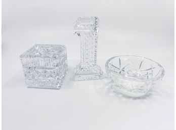 (K-26) THREE PIECE LOT OF WATERFORD CRYSTAL - COVERED BOX, #1 & SMALL BOWL- 3'-5'