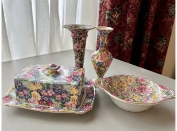 (DR-29) VINTAGE LOT OF ENGLISH CHINTZ - TWO BUD VASES, BUTTER DISH & PLATE