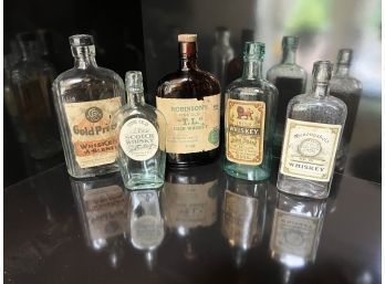(B-27) LOT OF FIVE ANTIQUE WHISKEY BOTTLES - 'GOLD PRIZE, ROBINSON'S, IRISH - NICE OLD LABLES - 3'-6'