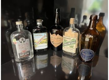 (B-30) LOT OF FIVE ANTIQUE WHISKEY BOTTLES -'HAIG & HAIG, GREENBRIER, OLD CLUB HOUSE'- NICE OLD LABLES - 4'-6'