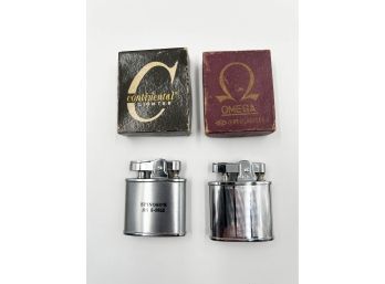 (J-37) LOT OF 2 VINTAGE FUEL LIGHTERS-OMEGA & CONTINENTAL-IN ORIGINAL BOXES-UNTESTED