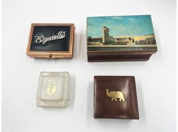 (J-67) LOT OF 4 VINTAGE BOXES-64' WORLDS FAIR CIGARETTE, NY THRUWAY WOOD BOX, METAL CIGARETTE & SONG OF INDIA