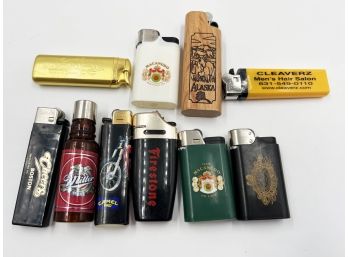 (J-28)  LOT OF 10 VINTAGE ADVERTISING LIGHTERS-ALL UNTESTED