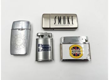(J-33) LOT OF 4 ADVERTISING LIGHTERS-KEEFERS, SPINDLETOP, RVC FIRE AND SMOKE ALL UNTESTED
