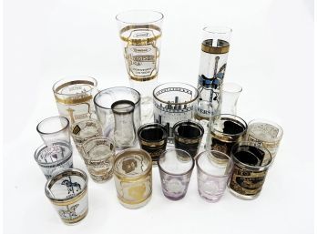 (A-64) VINTAGE/MCM/BARWARE LOT OF 20 VARIOUS SIZED AND DESTINATION THEMED GLASSWARE