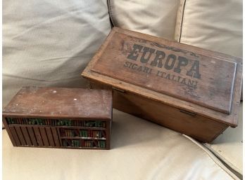 (B-21) VINTAGE WOOD ITALIAN CIGAR BOX & WOOD SHELF OF BOOKS BOX HOLDING BOOK MATCHBOOKS- 14' & 8'