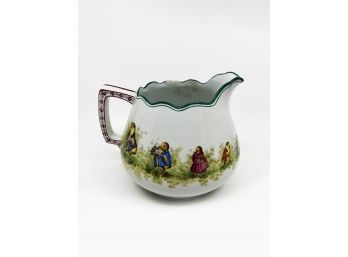 (A-94) LARGE ANTIQUE PORCELAIN PITCHER DECORATED WITH DRESSED UP CHICKS /CHICKENS- CHIP ON RIM - 10'