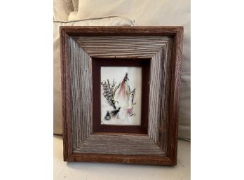(B-1) FLY FISHING LURES WALL ART FRAMED IN RUSTIC WOOD FROM OLD BARR HOMESTEAD IN TEXAS - 11' BY 14'