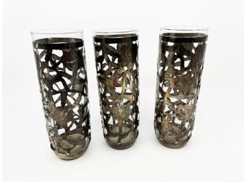 (A-74) THREE VINTAGE GLASS VASES  WITH 925 STERLING SILVER PIERCED OVERLAYS - FLOWERS - 7'