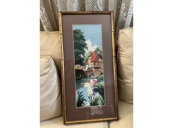 (B-4) PRETTY VINTAGE FRAMED NEEDLEPOINT - COUNTRY COTTAGE ON THE LAKE - 26' BY 13'