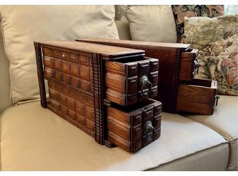 (LR) ANTIQUE PAIR OF WOOD FILE DRAWERS, STACKABLE - NICELY CARVED & FINISHED - 18' DEEP BY 5' WIDE NY 11' HIGH