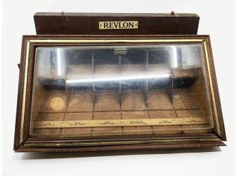 (A-89) VINTAGE REVLON COSMETICS WOOD CABINET/PRODUCT DISPLAY CASE - SCISSORS, TOE NAIL NIPPERS - 18' LONG