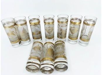 (A-42) LOT OF 10 VINTAGE MID-CENTURY 24 KT GOLD DECORATED SOUVENIR GLASSES - USA TRAVEL DESTINATIONS -HIGHBALL