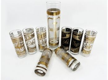 (A-63) LOT OF 9 VINTAGE/MCM/BARWARE GLASSES-GOLD AND BLACK-ASSORTED DESTINATIONS-4' AND 8' TALL