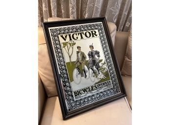 (B-3) VINTAGE 'VICTOR, BICYCLES' BAR BACK MIRROR - 24' BY 18' - VICTORIAN COUPLE ON BIKES