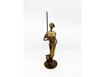 (A-82) VINTAGE ART DECO STYLISH BRASS LADY HOLDING UMBRELLA BUT MISSING THE TOP PART - 14'