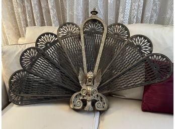 (LR) VINTAGE BRASS 'PEACOCK FAN' FIREPLACE SCREEN WITH WINGED GRIFFIN - 38' WIDE BY 26' HIGH