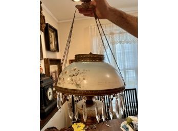 ANTIQUE RESTORED GAS LAMP HANGING LIGHT WITH HAND PAINTED MILK GLASS SHADE - 30' LONG