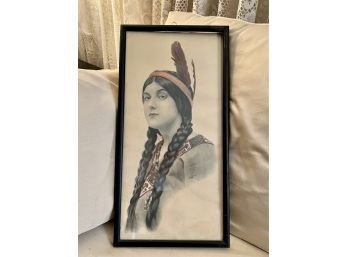 (B-10) ANTIQUE PRINT BY C.E. PERRY OF PRETTY NATIVE AMERICAN WOMAN WEARING HEADDRESS - 19' BY 10'
