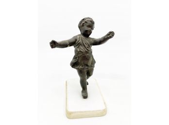 (A-76) ANTIQUE BRASS / METAL PLAYFUL CHILD FIGURINE ON MARBLE BASE - 6'