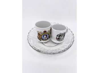 (A-29) LOT OF 3 ITEMS-1 KING GEORGE CORONATION PLATE PLUS 2 COMMERATE CUPS-QE11, LADY DI-ENGLAND