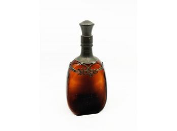 (A-106) BEAUTIFUL ANTIQUE AMBER GLASS BAR BOTTLE - 'RYE' WITH PEWTER METAL OVERLAY - 9'