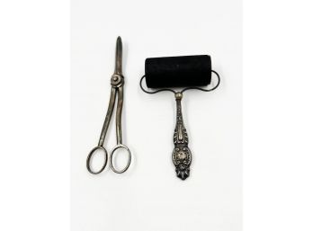 (J-17) TWO STERLING SILVER ITEMS- ANTIQUE INK BLOTTER ROLLER With STERLING HANDLE & SMALL STERLING SCISSOR