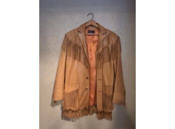 AMAZING VINTAGE RALPH LAUREN LEATHER BUTTON UP BLAZER JACKET WITH FRINGE - MADE IN URUGUAY - PRE 1980'S -MED.