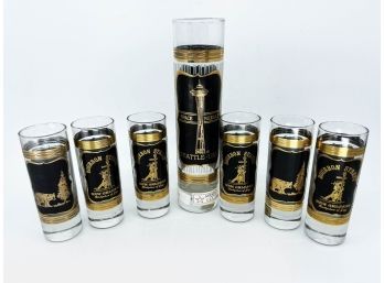 (A-58) VINTAGE MCM LOT OF 7 GLASSES 'ASTAR' BLACK AND GOLD- NEW ORLEANS, GREAT SMOKEY MTS AND SEATTLE