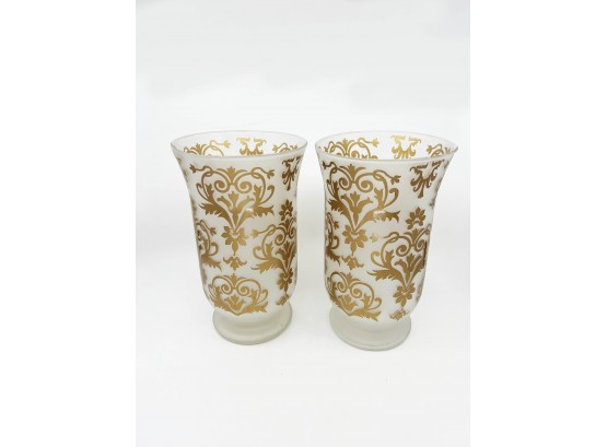 (B-6) PAIR OF GLASS CANDLE HURRICANES WITH PAINTED GOLD DECORATION