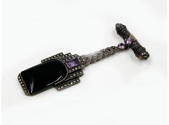 (J-28) GORGEOUS VINTAGE STERLING SILVER AND MARCASITE HANGING PIN/BROOCH W/ AMETHYST & JET -12.53 DWT