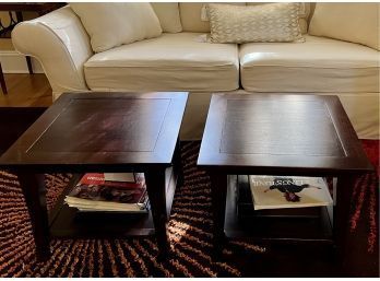 PAIR OF DARK WOOD OCCASIONAL TABLES WITH BOTTOM SHELF - 40' SQUARE