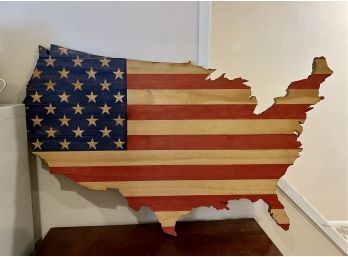 (B) BIG WOOD MAP OF THE UNITED STATES PAINTED WITH AMERICAN FLAG-INDOOR/OUTDOOR -KARP WOODWORKERS-38' W  X 22H