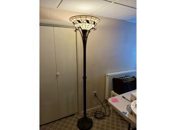 (B) IRON, METAL FLOOR LAMP WITH GRAPE VINE DECORATED STAINED GLASS SHADE - 70' TALL, 16' WIDE BASE, 20' SHADE